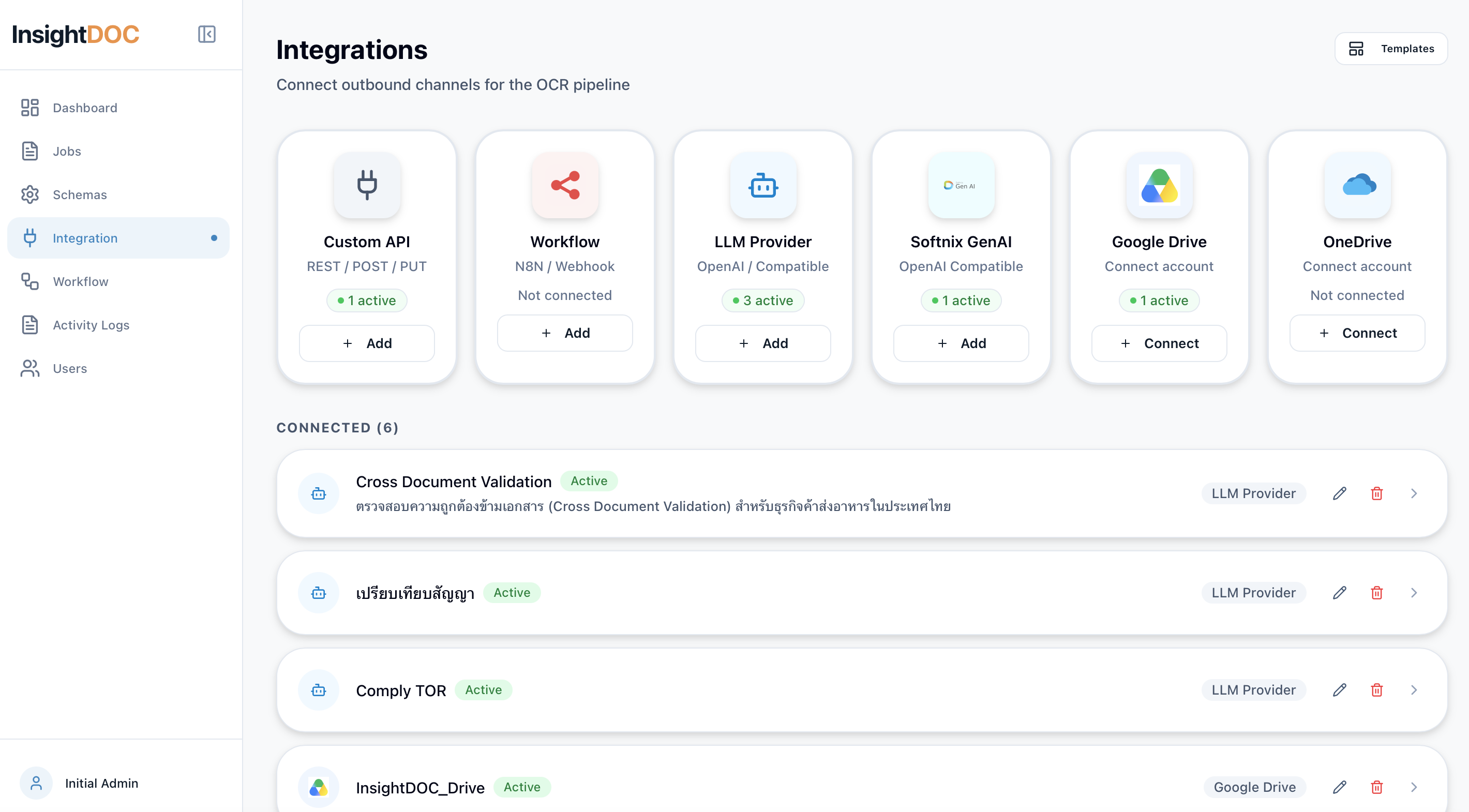 InsightDOC Integrations — API, Workflow, LLM, Softnix Gen AI, Drive
